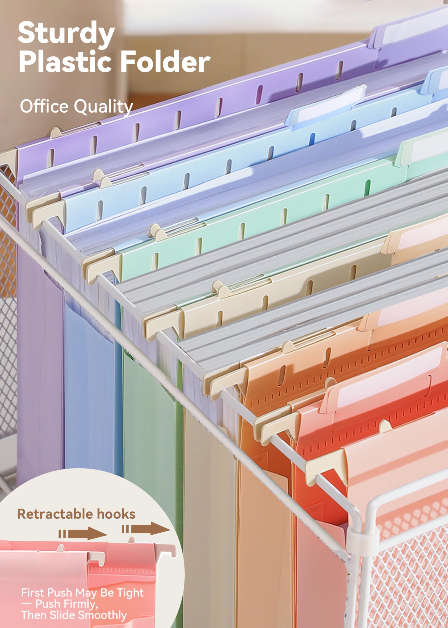 SortRax retractable metal hooks engaged on a file rail showing secure hanging fit