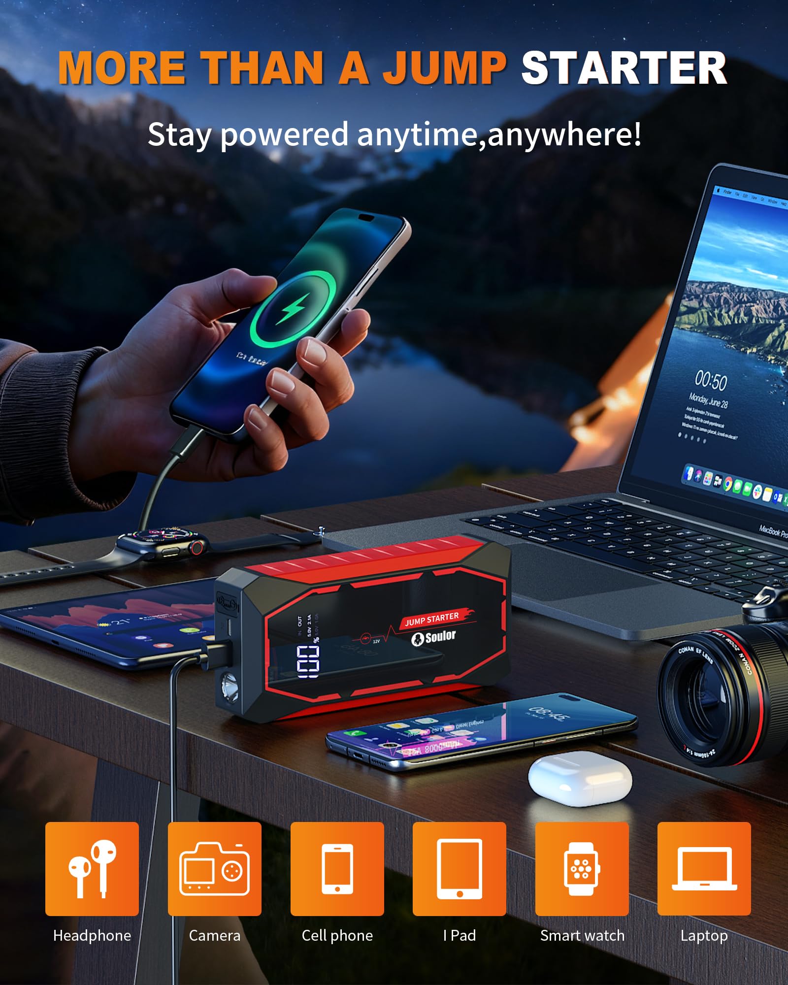 Soulor pantalla LCD y puertos USB muestran nivel de batería y salida rápida