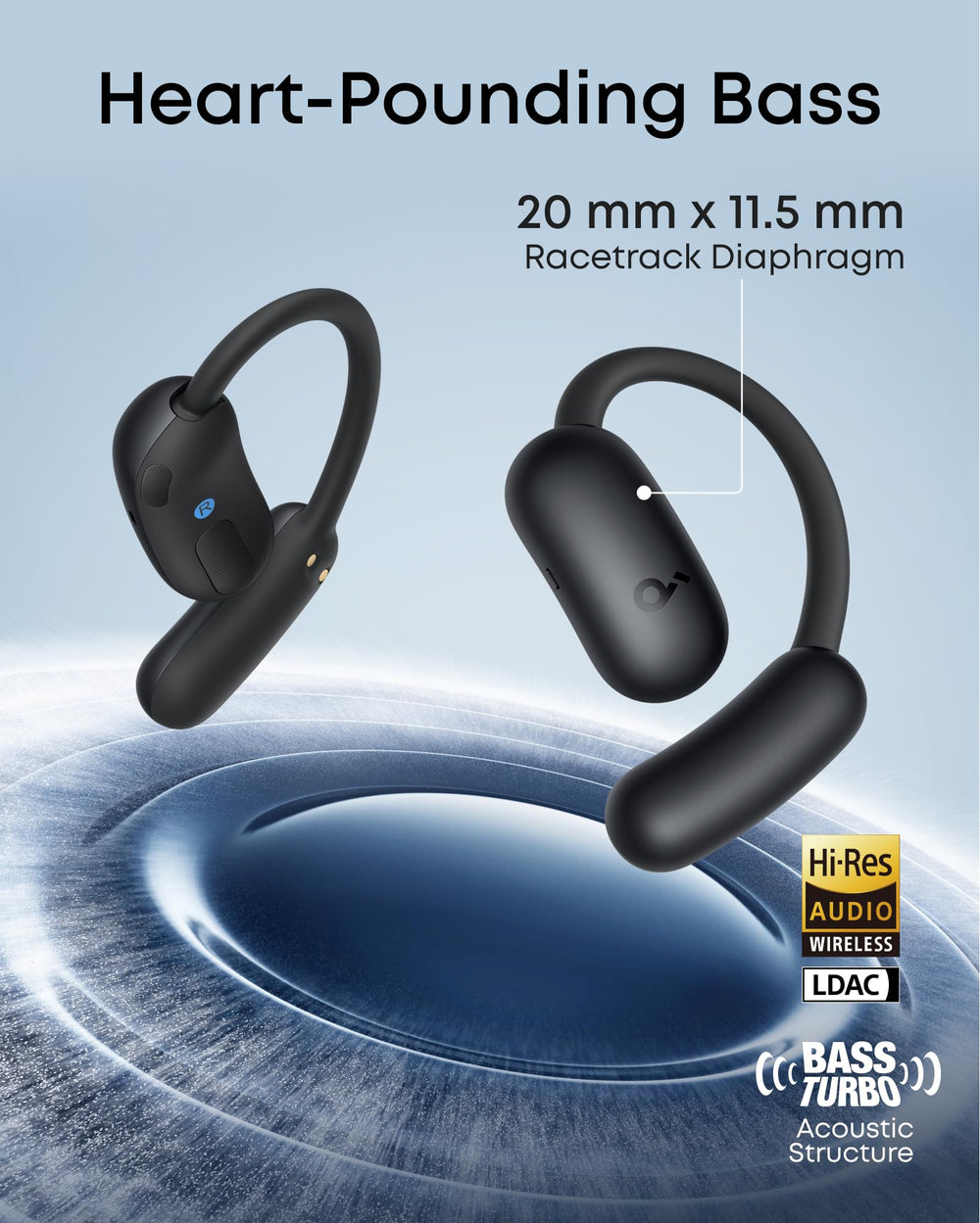 Soundcore Aerofit 2 estuche abierto con auriculares listos para usar