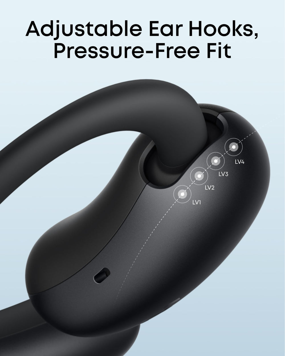 Soundcore Aerofit 2 colocado en la oreja demostrando escucha del entorno