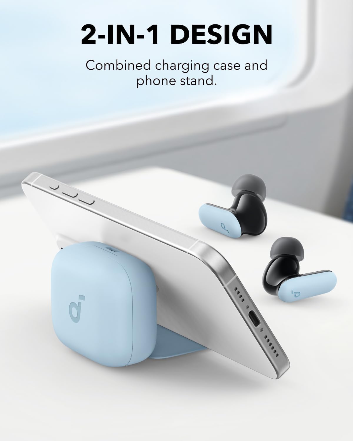Soundcore P30i estuche abierto con soporte para teléfono, ver contenido manos libres