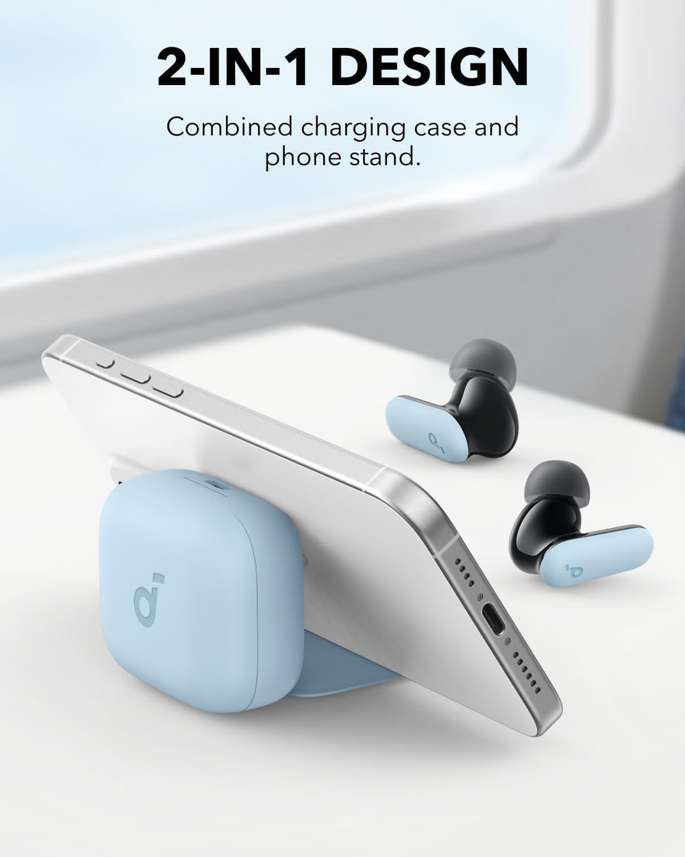 Soundcore P30i estuche abierto con soporte para teléfono, ver contenido manos libres