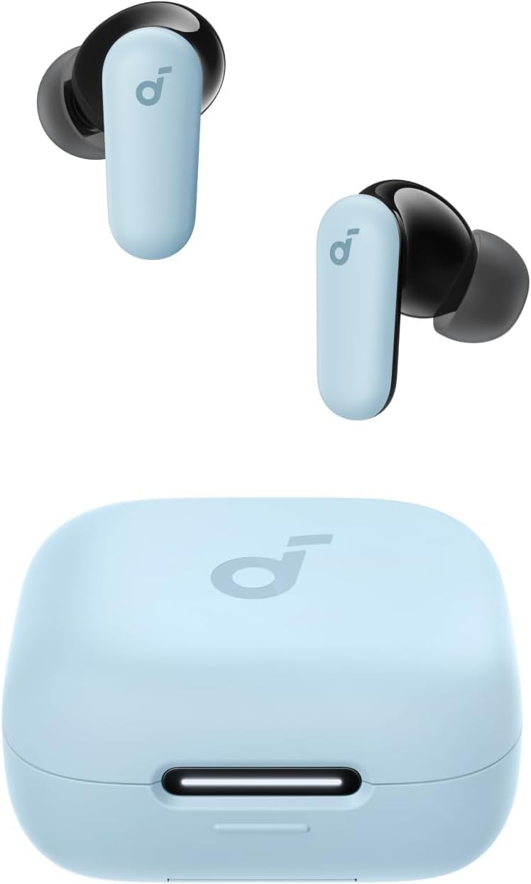 Soundcore P30i vista frontal del estuche y auriculares, diseño compacto y protección