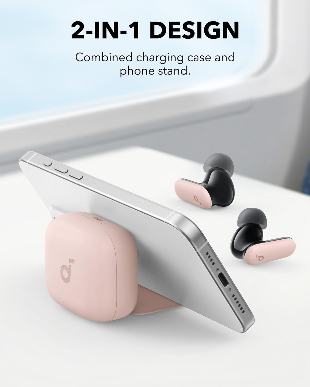 Soundcore P30i estuche usado como soporte de móvil para visualización manos libres