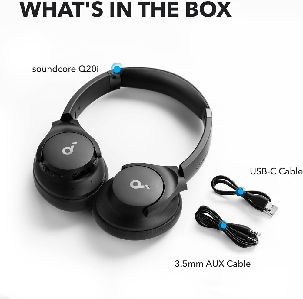 Soundcore Q20i accesorios: cable AUX, estuche y manual listos