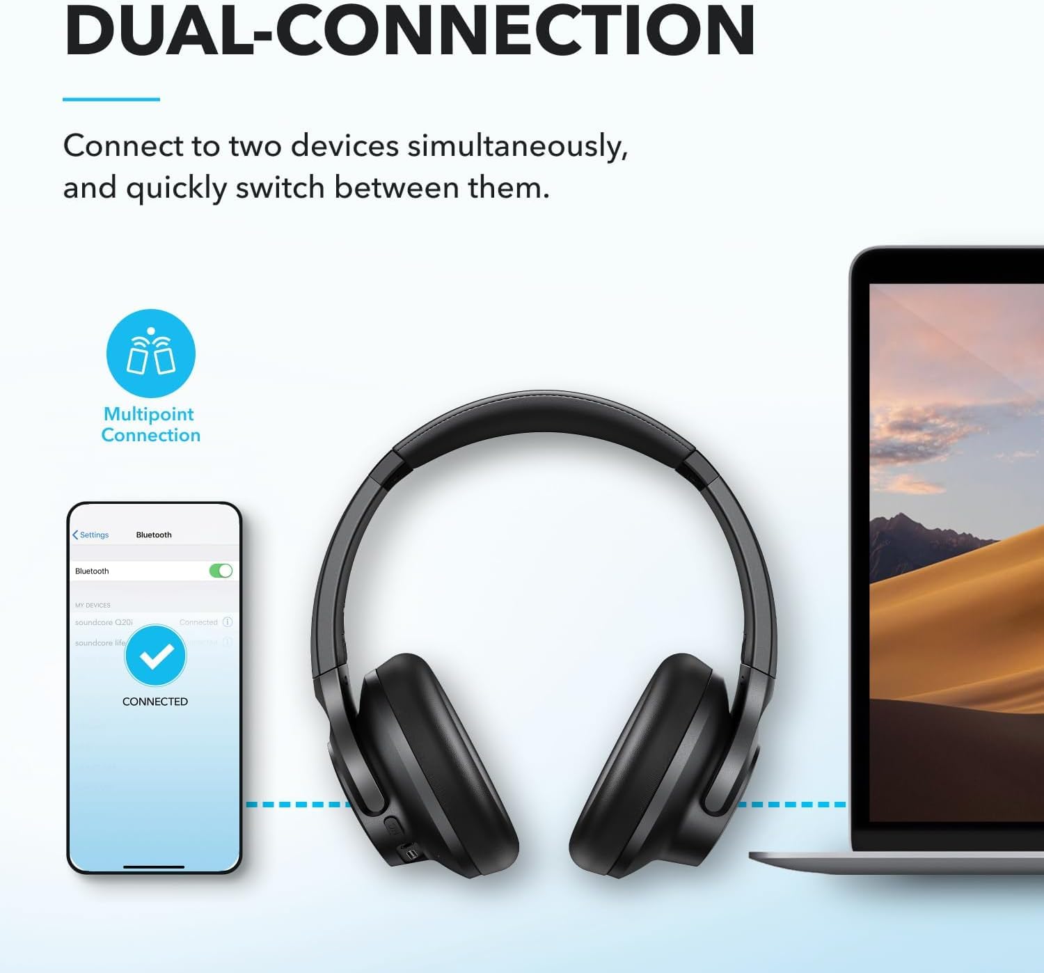 Soundcore Q20i comparado con una mano para mostrar escala y ajuste