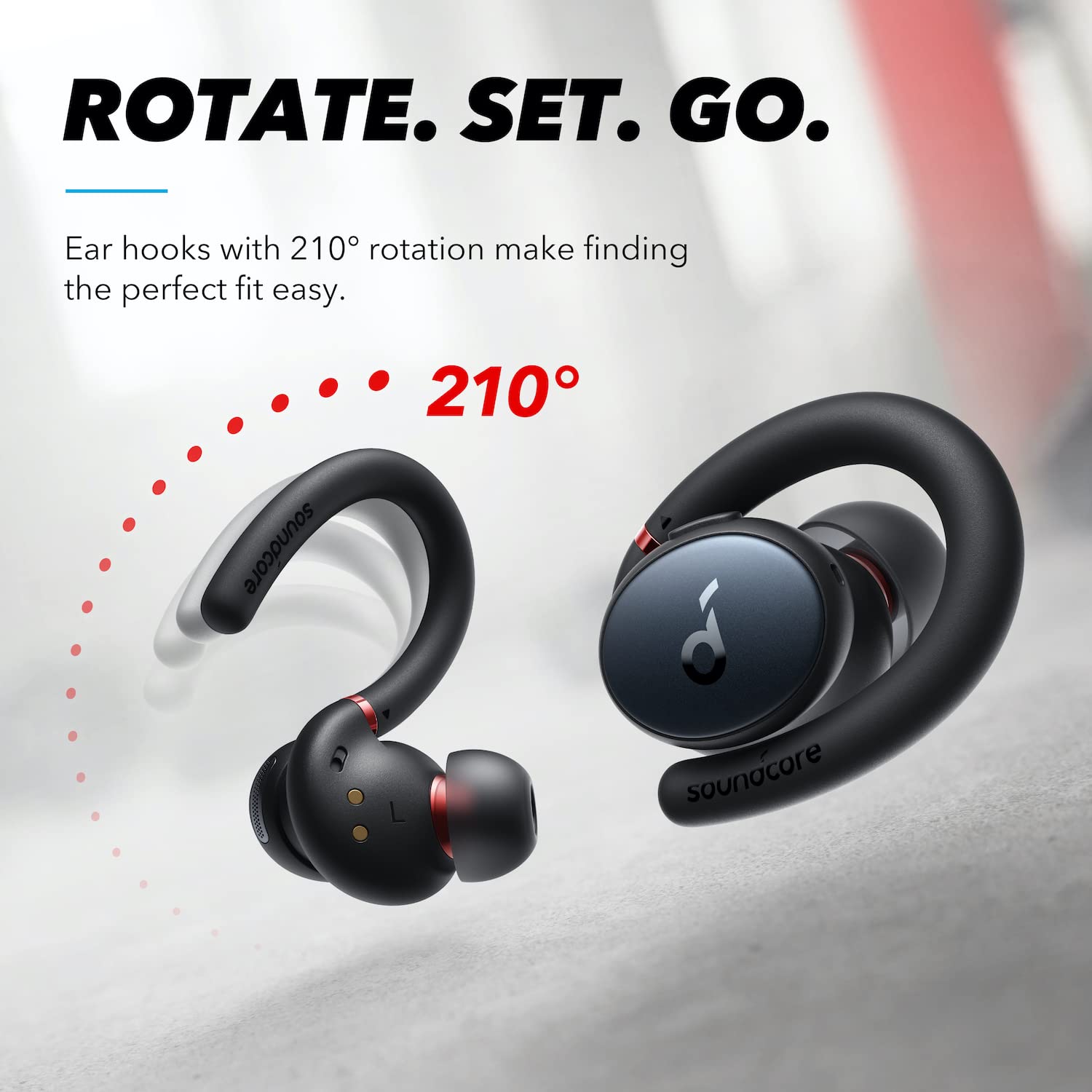 Soundcore primer plano del gancho rotativo 210° que garantiza ajuste seguro durante ejercicio