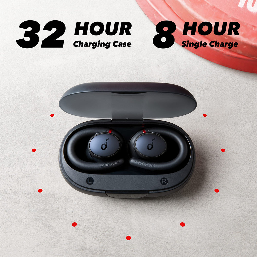 Soundcore estuche de carga abierto con auriculares colocados lista para recargar fácilmente