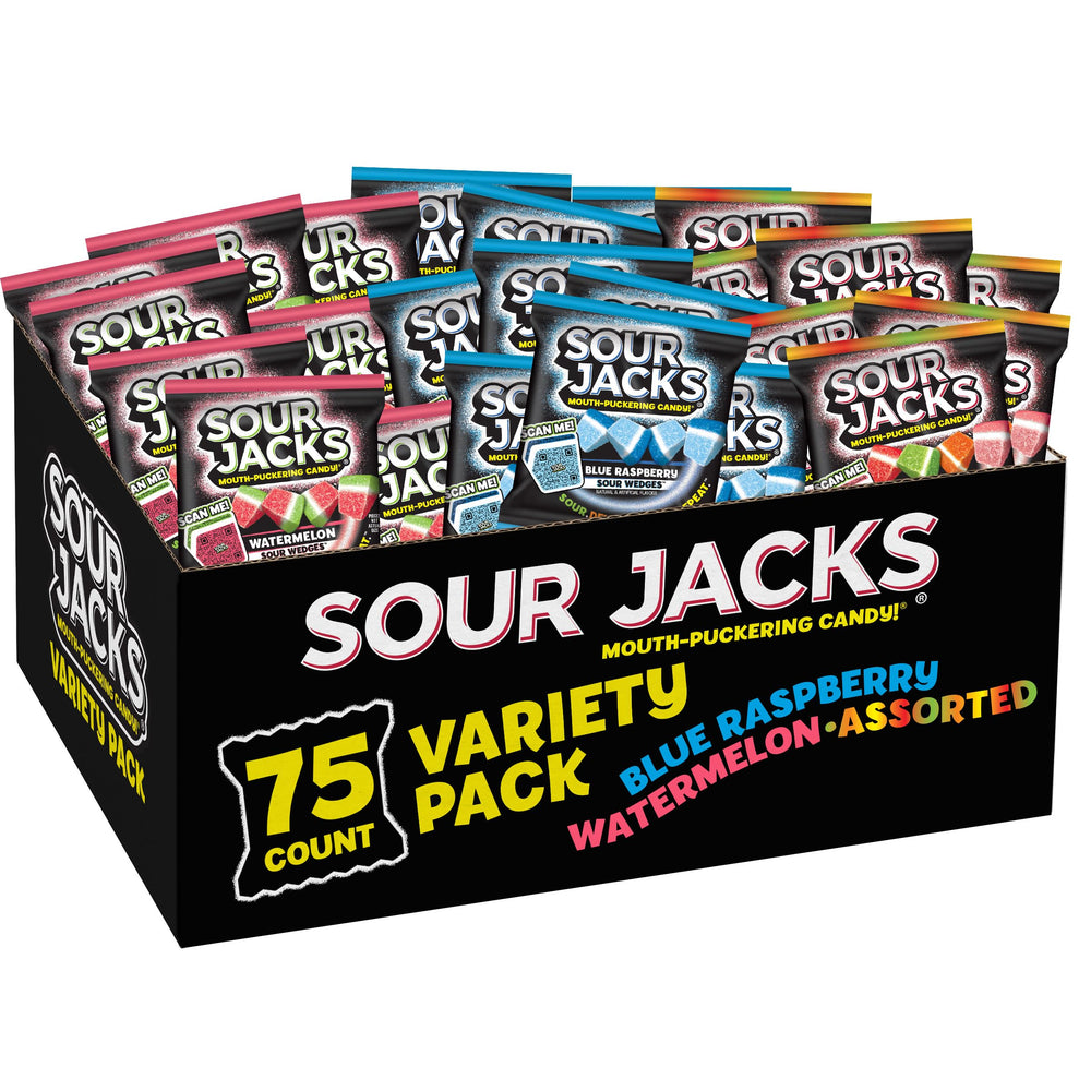 Sour Jacks frente del empaque mostrando 75 bolsitas y atractivo visual