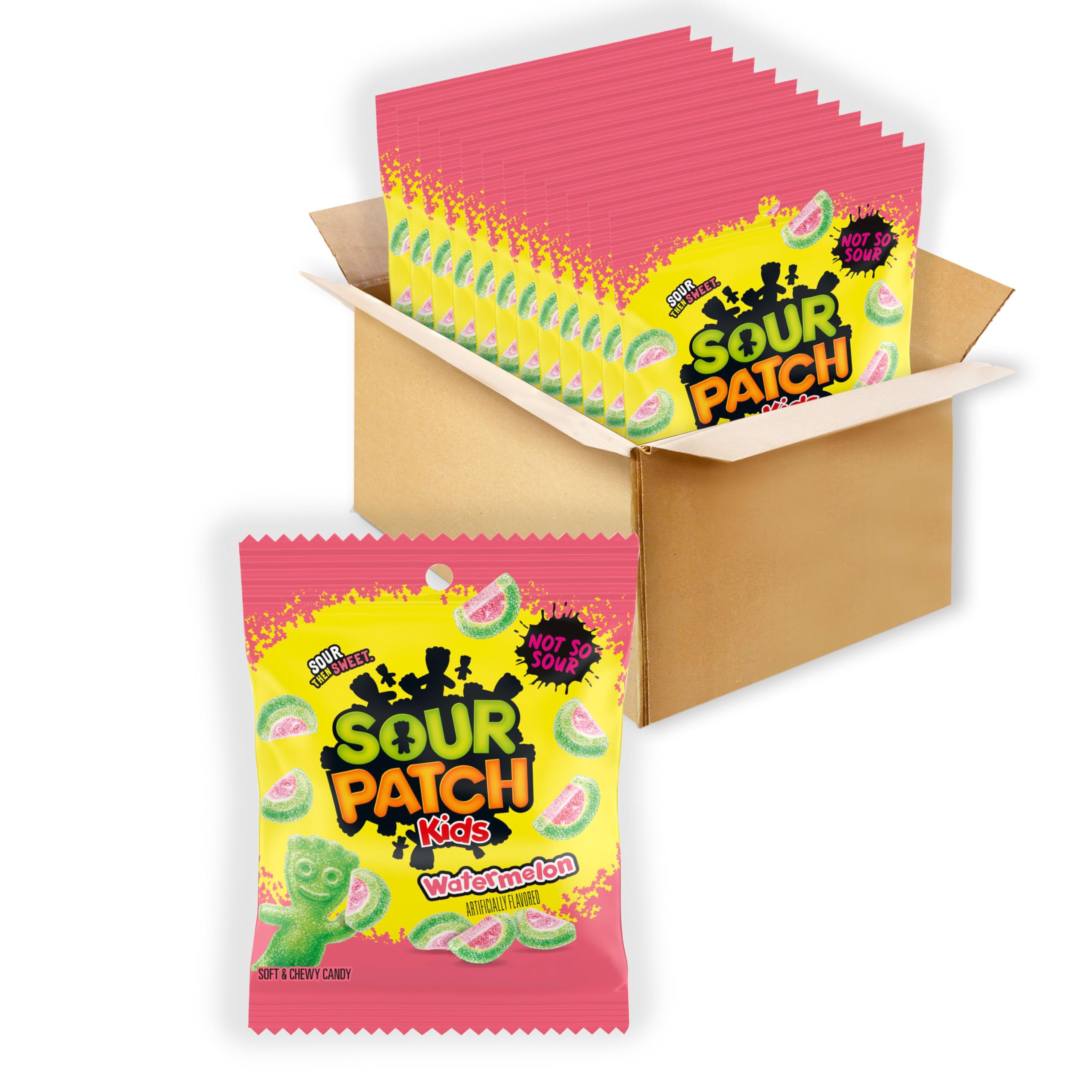 SOUR PATCH KIDS empaque frontal mostrando diseño rosa y verde y ventaja visual