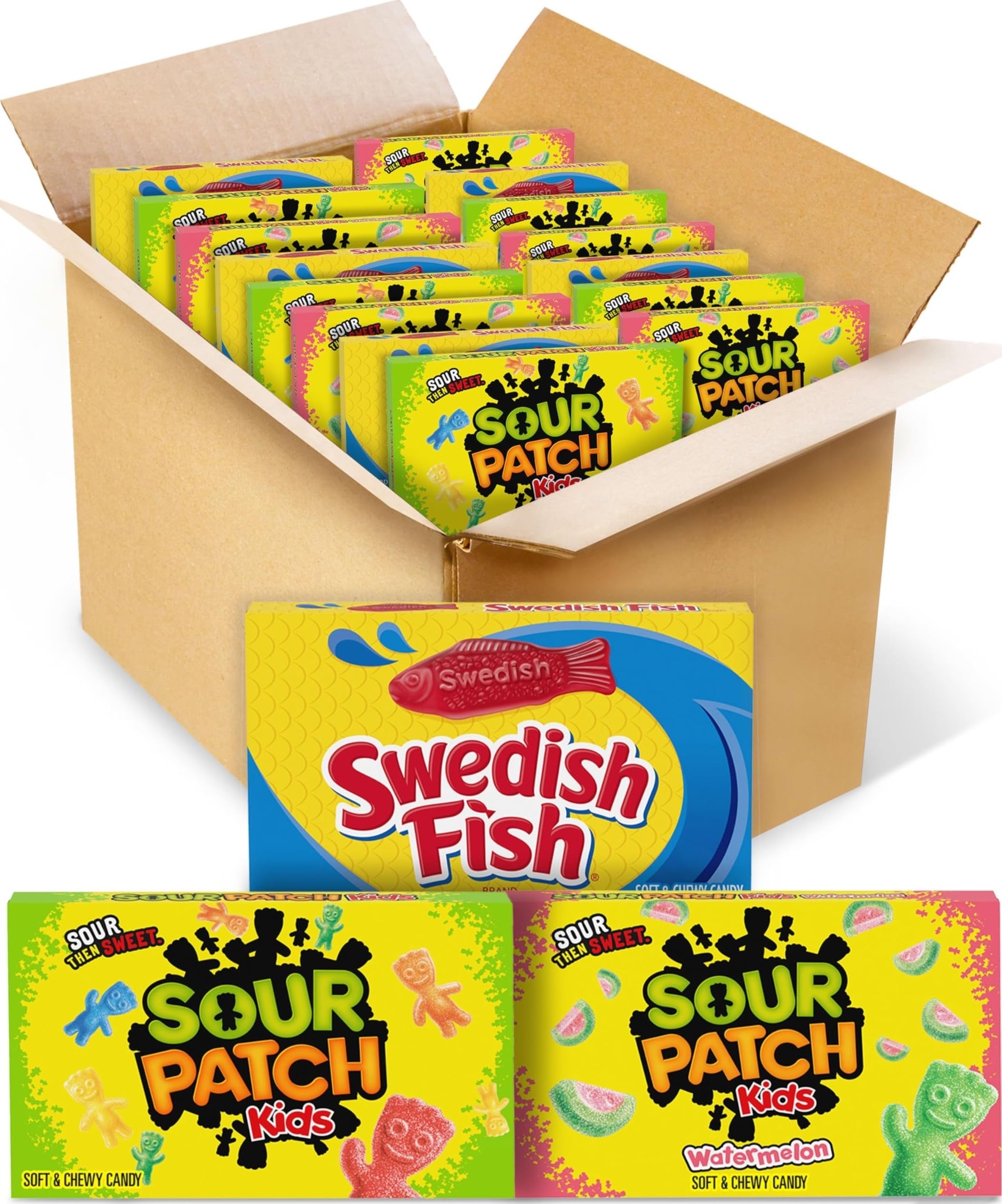 Sour Patch Kids y Swedish Fish caja frontal mostrando variedad y conveniencia