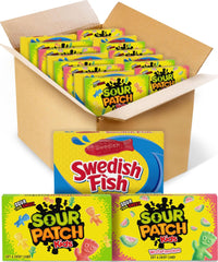 Sour Patch Kids y Swedish Fish caja frontal mostrando variedad y conveniencia