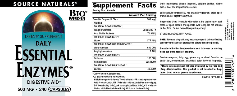 Source Naturals etiqueta con información nutricional y fabricación en EE. UU.
