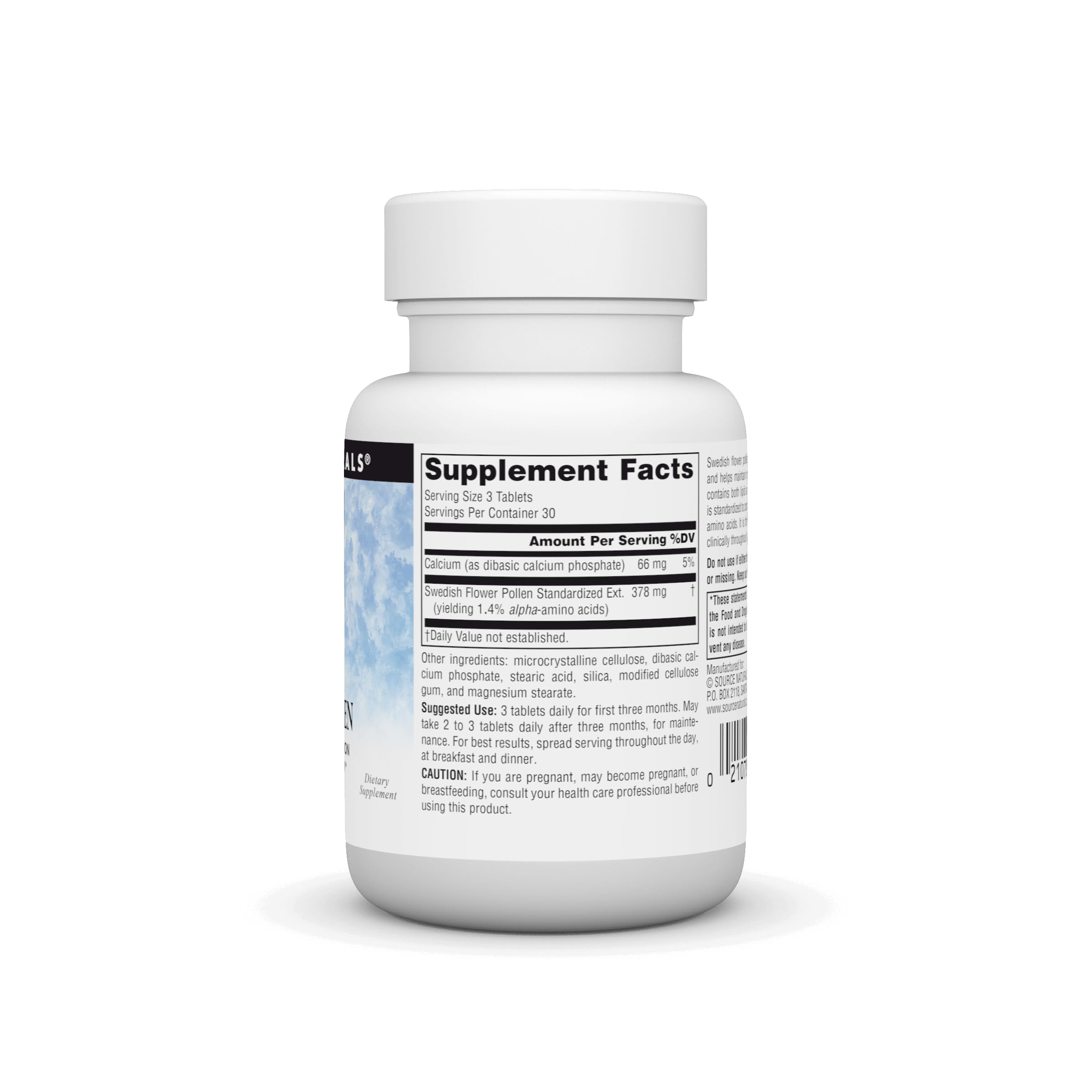 Source Naturals tableta en mano mostrando tamaño y escala para comparación