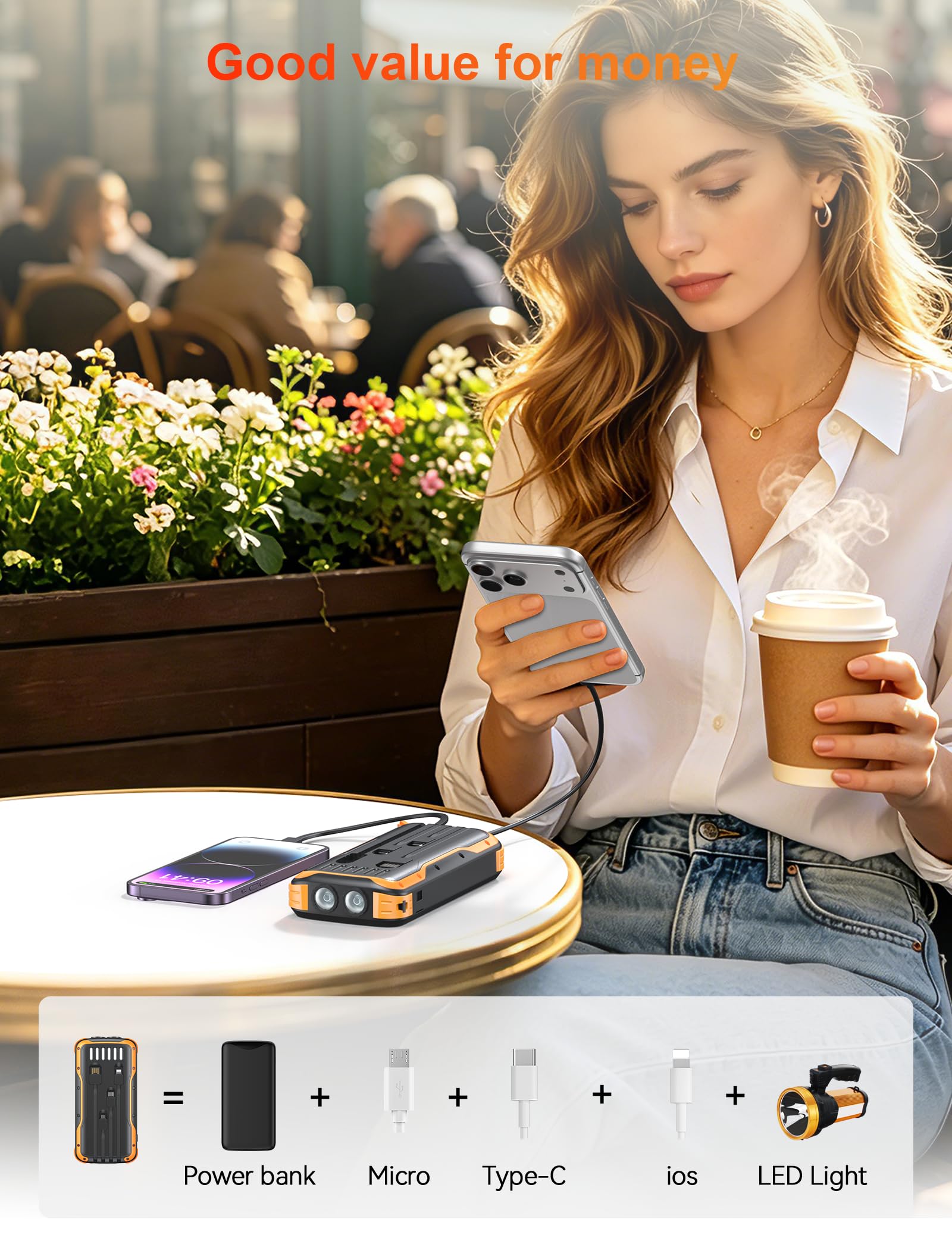 SOXONO comparación de tamaño con un teléfono para visualizar capacidad y portabilidad