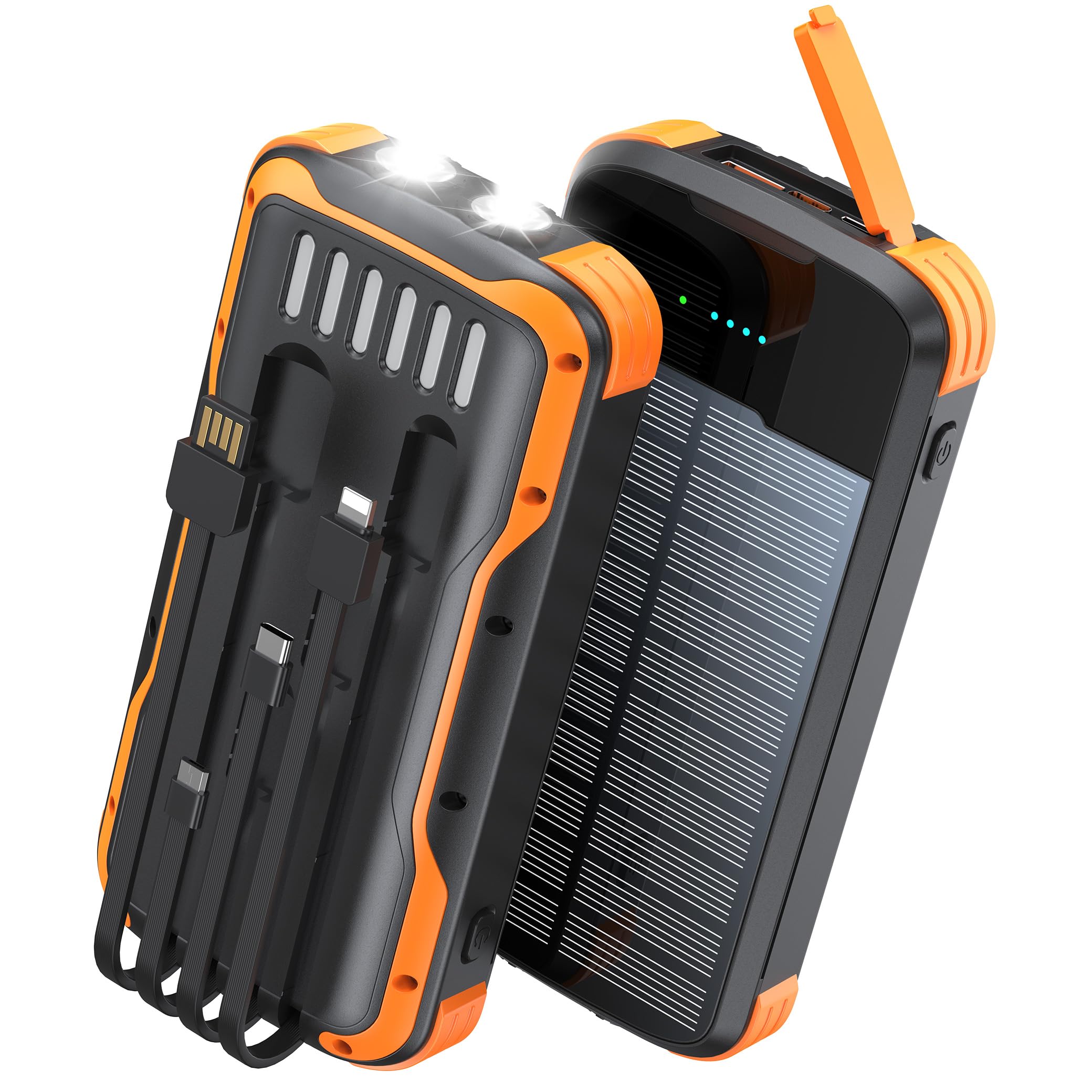 SOXONO vista frontal del cargador solar mostrando diseño robusto y botones para confianza