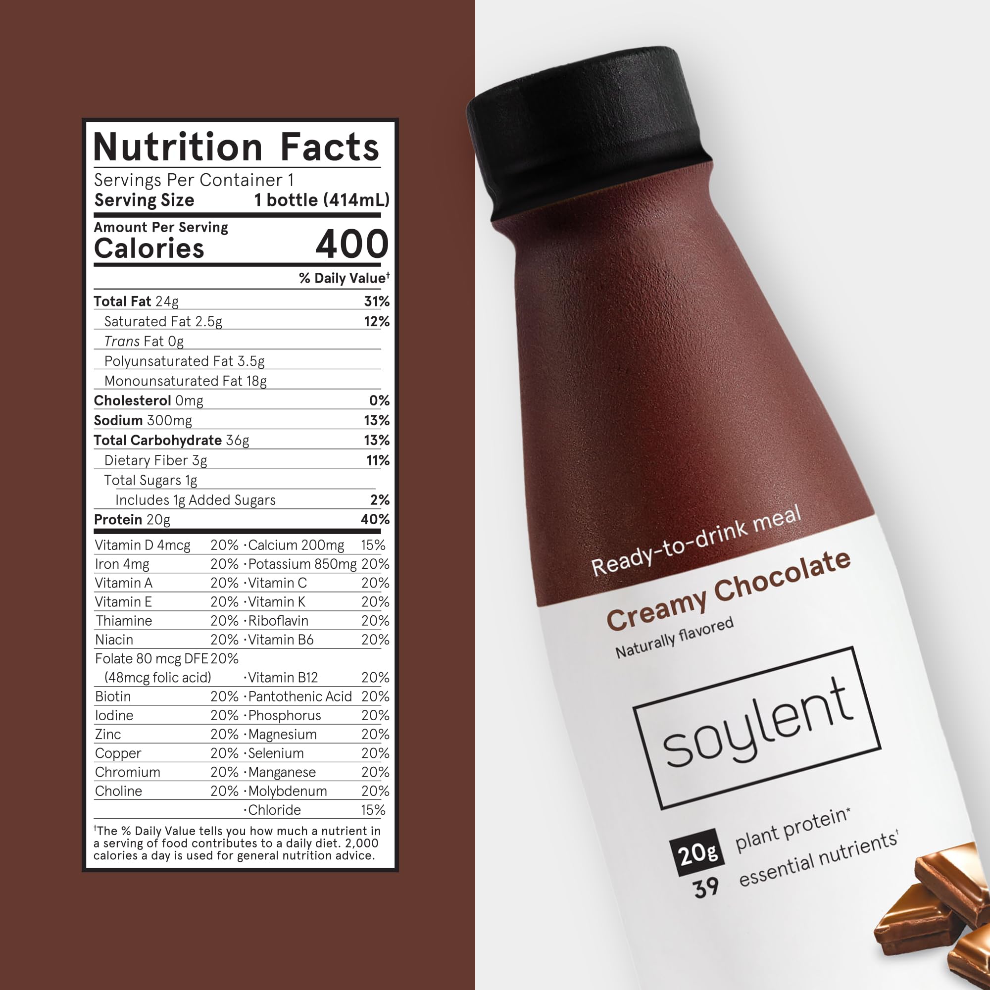 Soylent etiqueta nutricional destacando 20g proteína y 1g azúcar