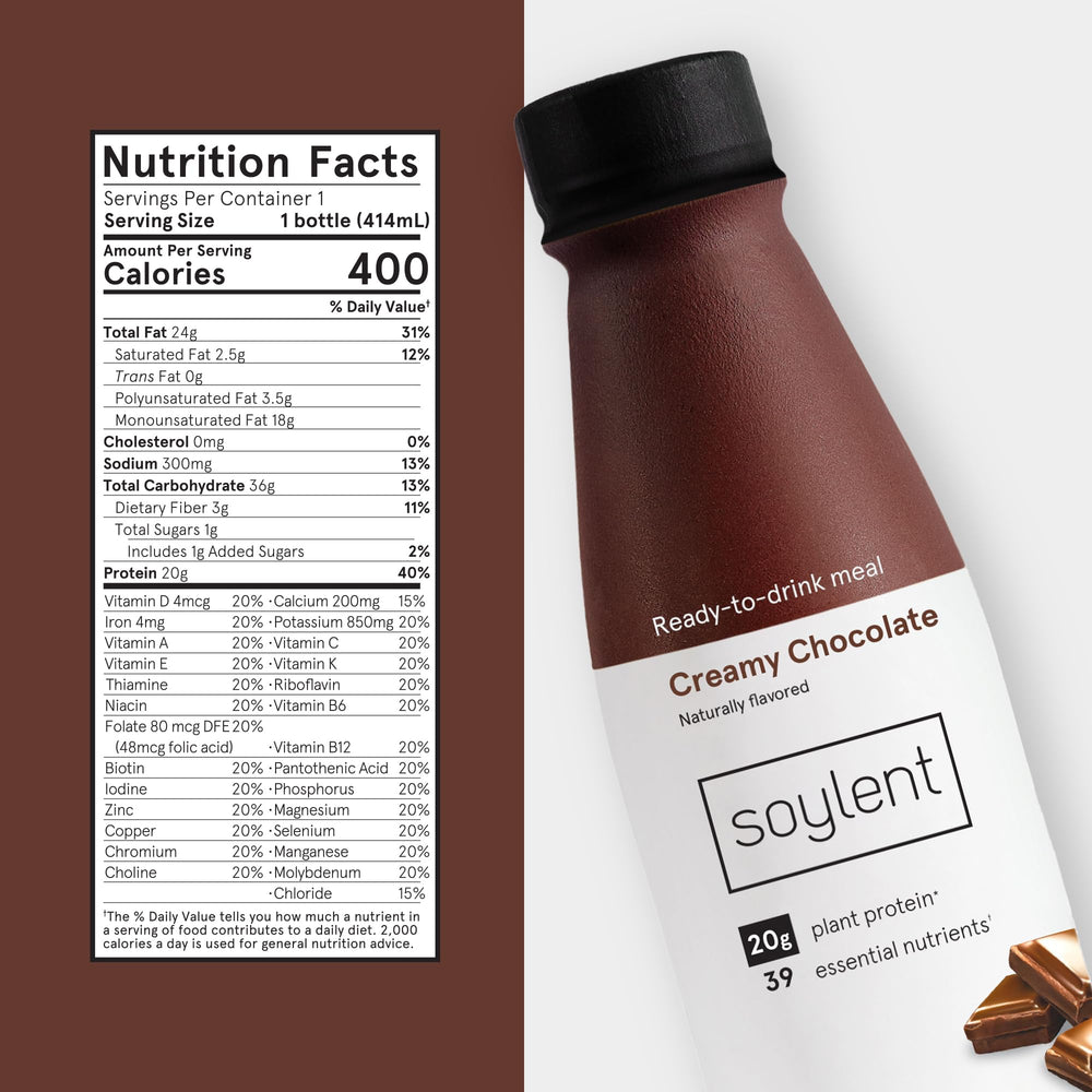 Soylent etiqueta nutricional destacando 20g proteína y 1g azúcar