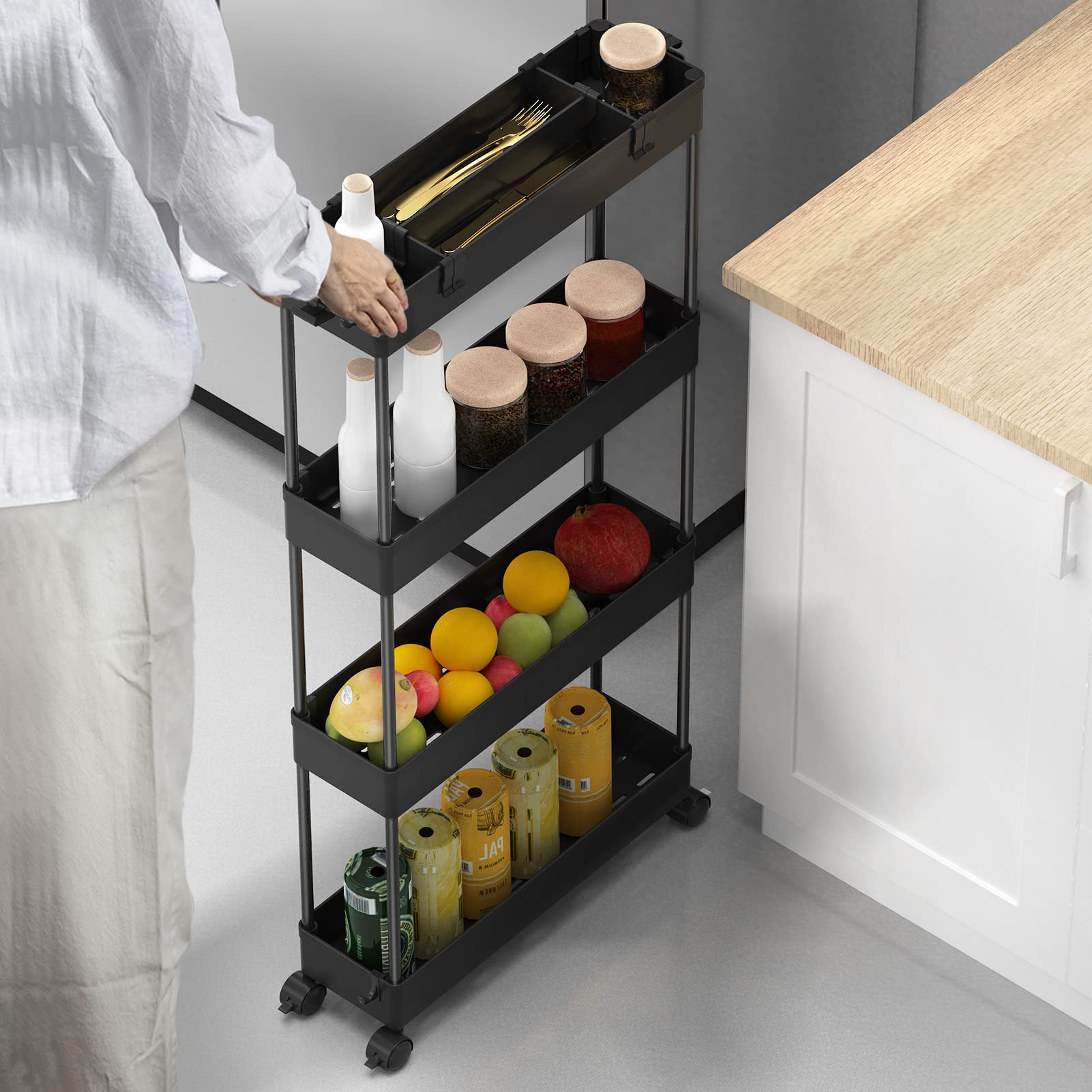 SPACELEAD comparación mostrando el carrito en hueco estrecho entre muebles