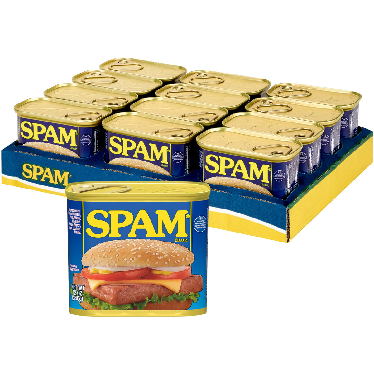SPAM lata frontal mostrando diseño y tamaño, marca SPAM asegurando practicidad