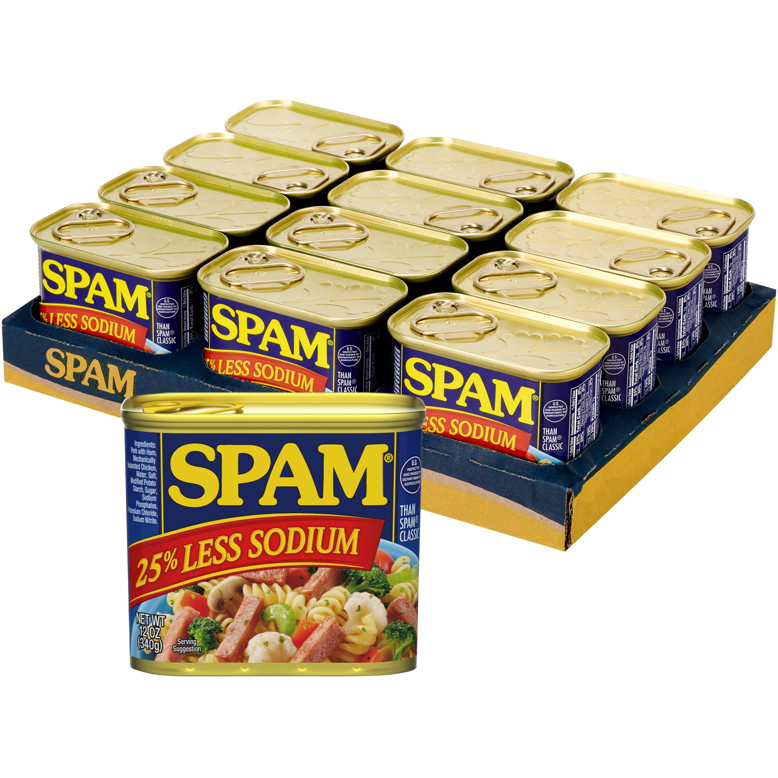 SPAM vista frontal del pack de 12 latas mostrando conveniencia