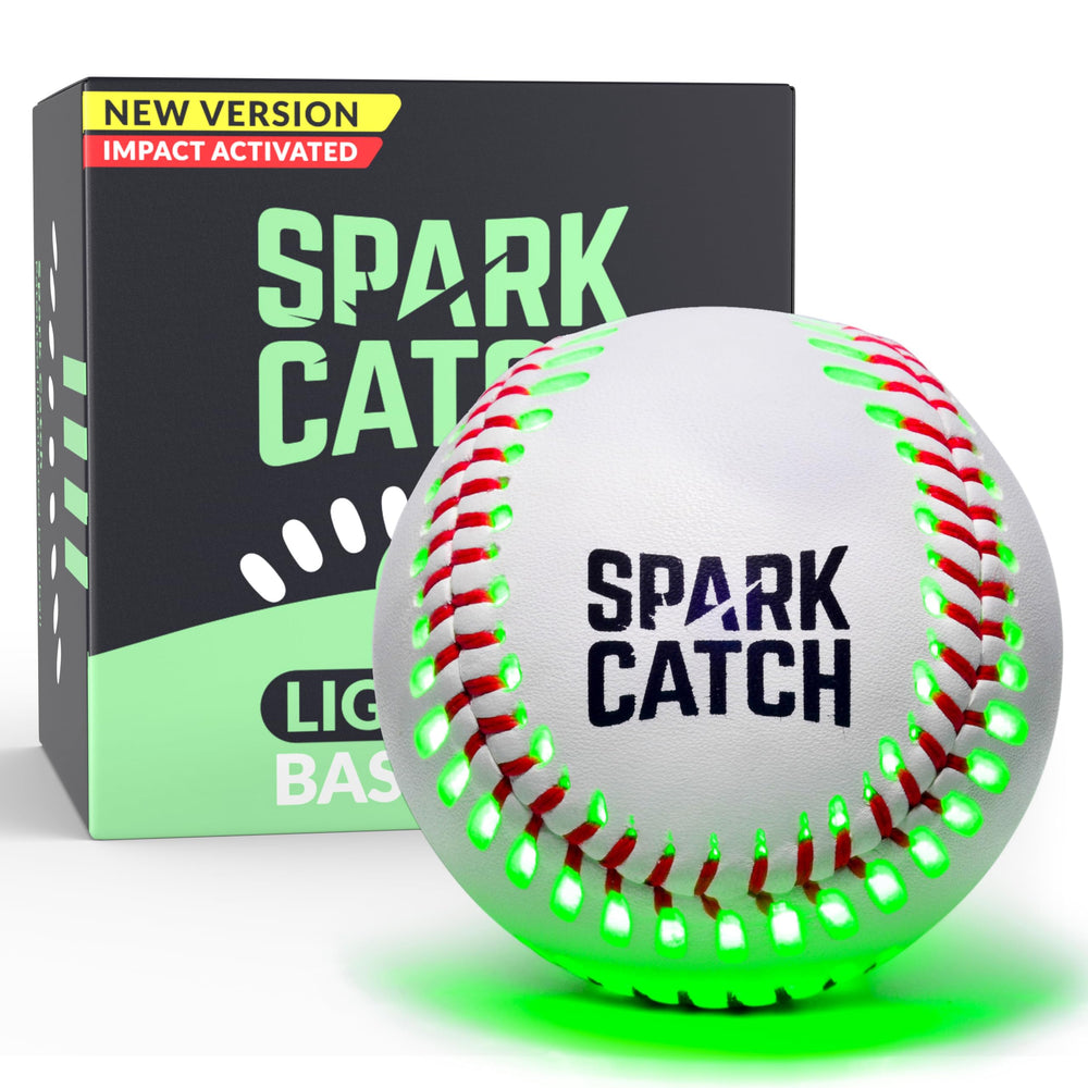 SPARK CATCH vista frontal del embalaje y pelota encendida para visibilidad nocturna