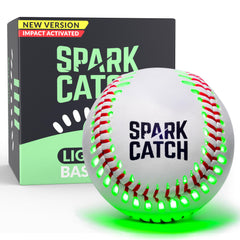 SPARK CATCH vista frontal del embalaje y pelota encendida para visibilidad nocturna