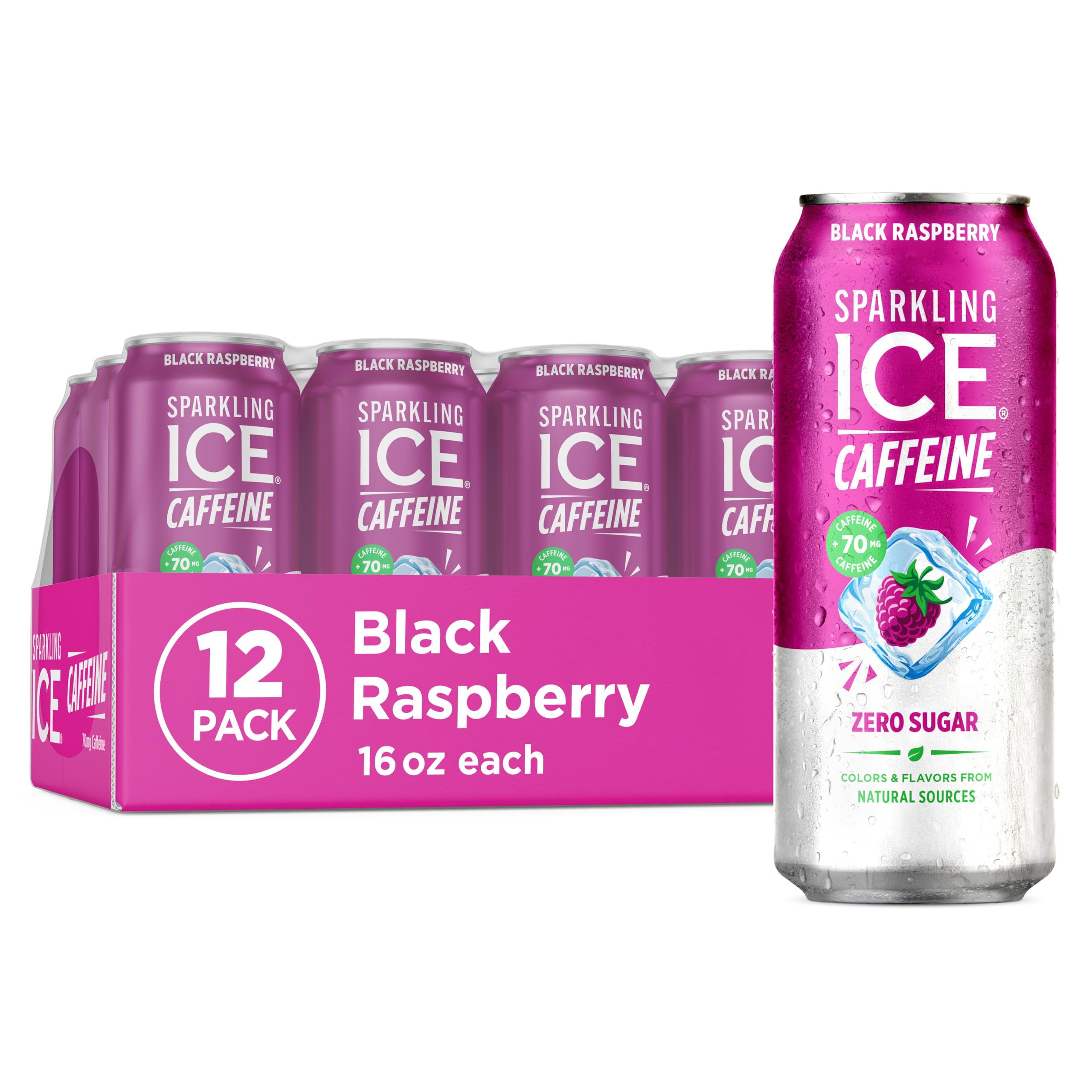 Sparkling Ice lata frontal Black Raspberry mostrando diseño y marca, refresco burbujeante