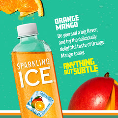 Sparkling Ice botella 17 fl oz con etiqueta naranja y mango resaltando vitaminas.