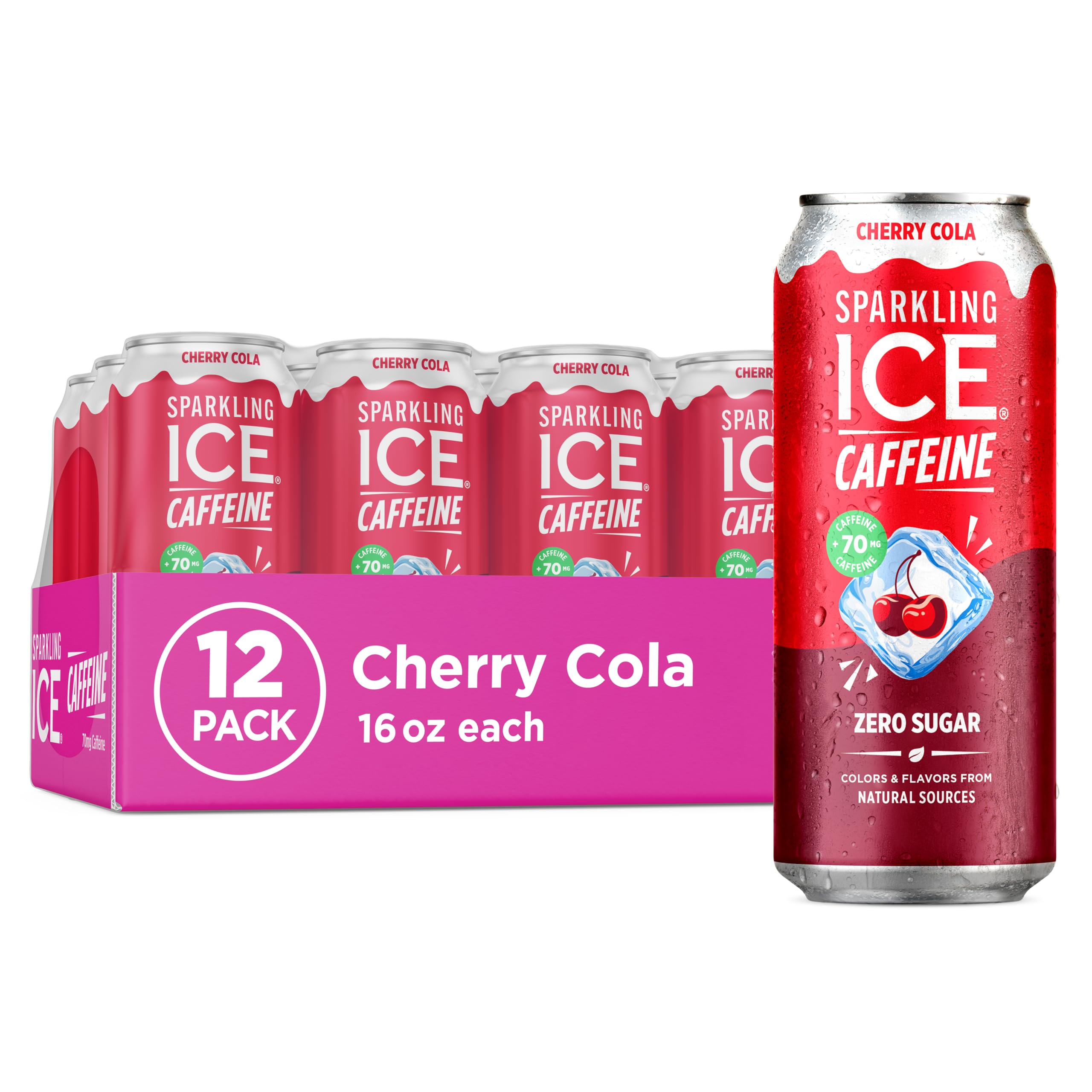 Sparkling Ice lata frontal mostrando diseño y sabor Cherry Cola, refresco sin azúcar