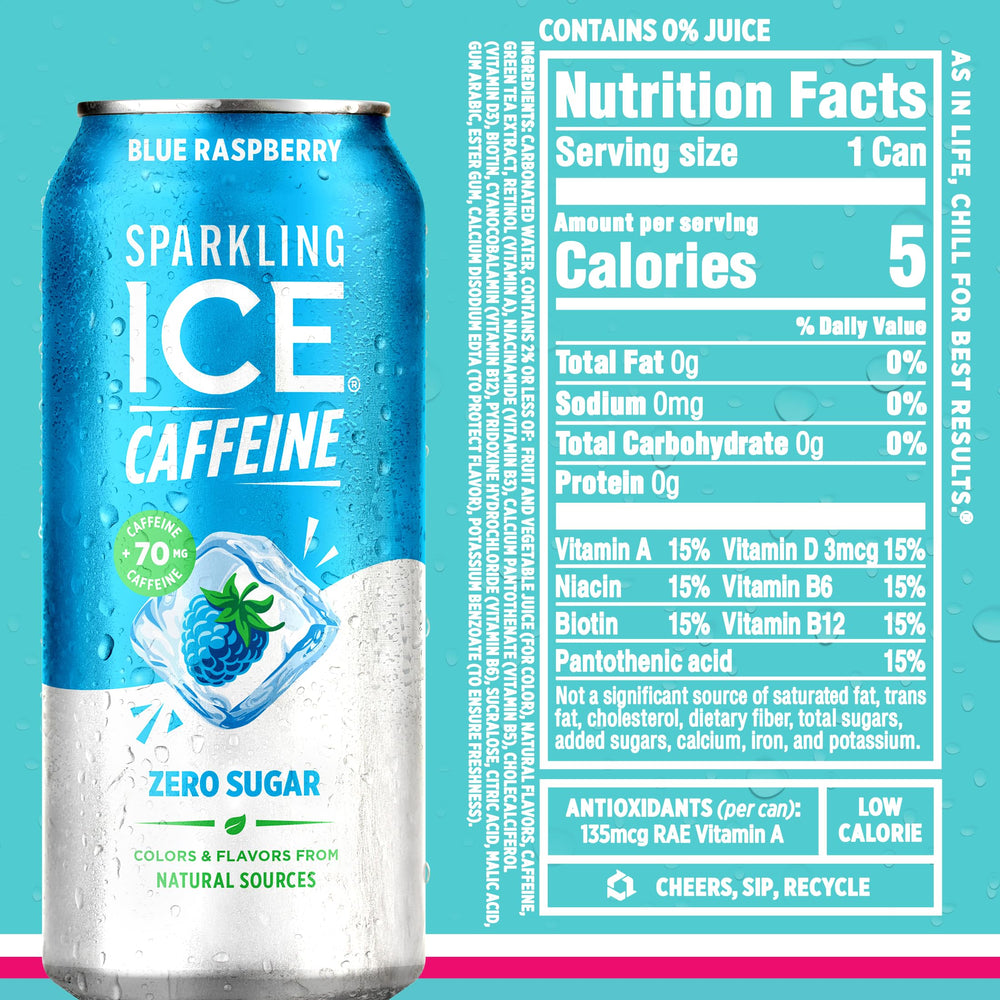 Sparkling Ice etiqueta con listado de vitaminas y antioxidantes visible