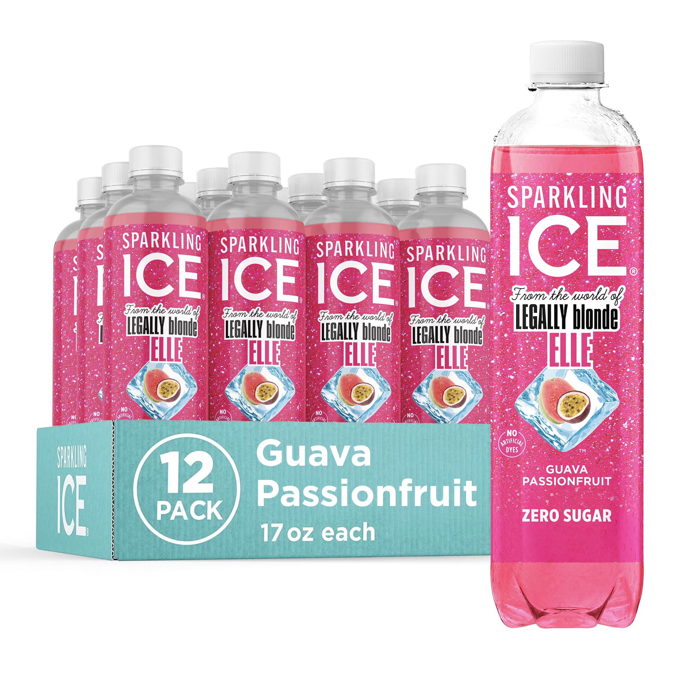Sparkling Ice frente del empaque mostrando botella y sabor tropical beneficios refrescante