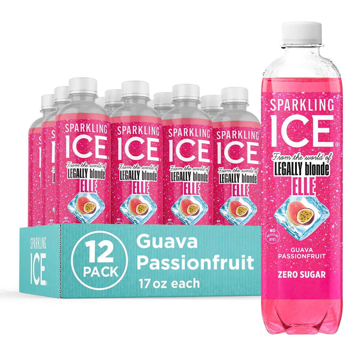Sparkling Ice frente del empaque mostrando botella y sabor tropical beneficios refrescante