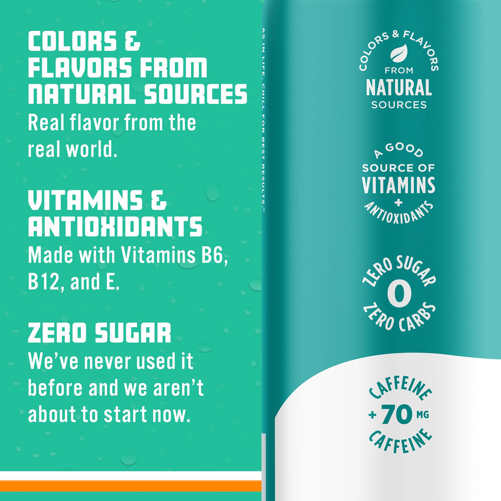Sparkling Ice detalle de la etiqueta con información de cafeína y vitaminas visibles