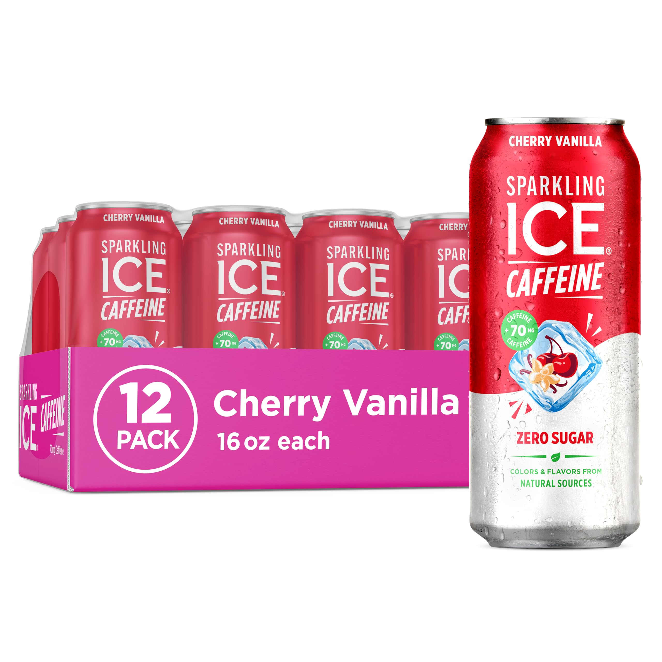 Sparkling Ice lata frontal mostrando etiqueta y sabor cereza vainilla