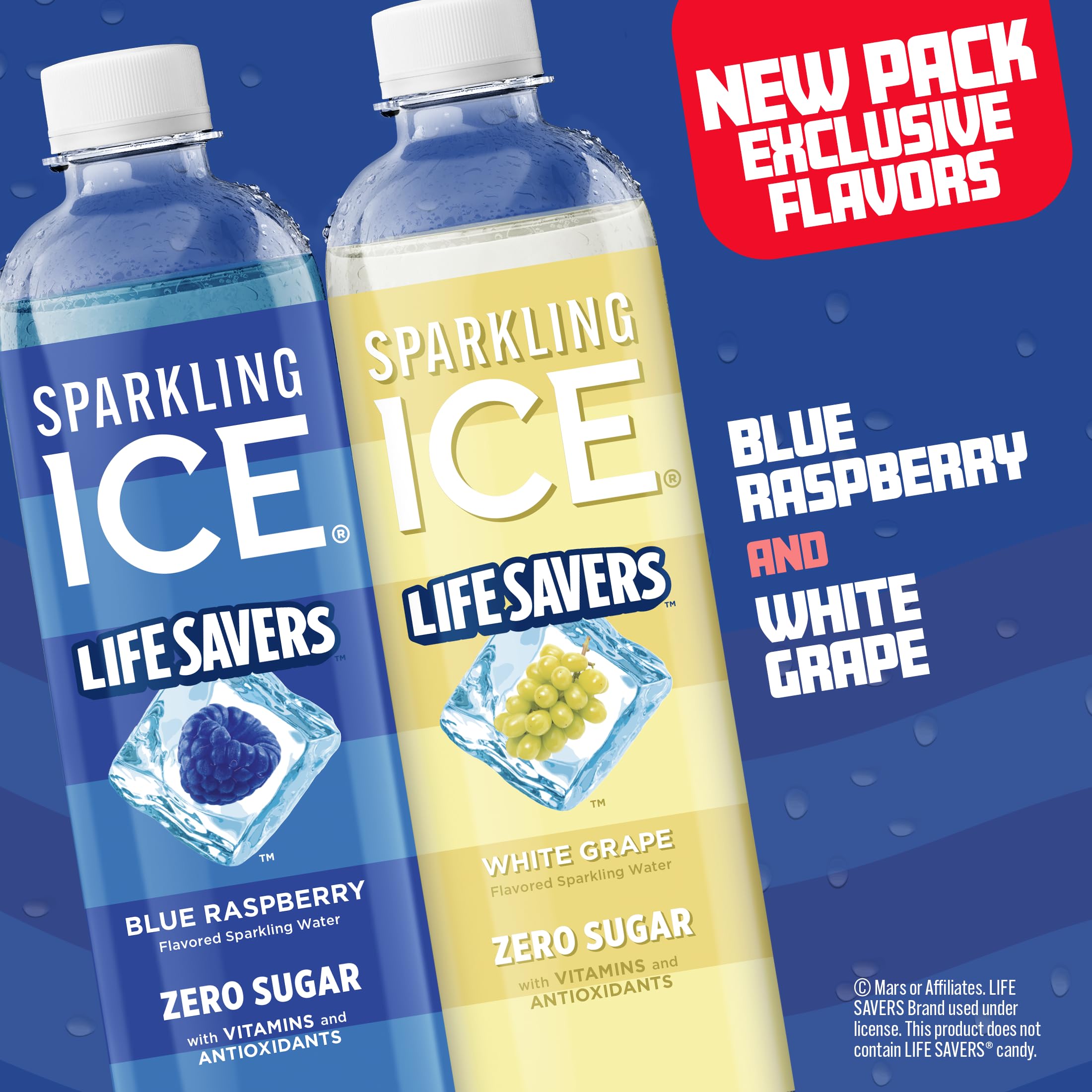 Sparkling Ice botella cerquita destacando el sello LIFE SAVERS y frescura