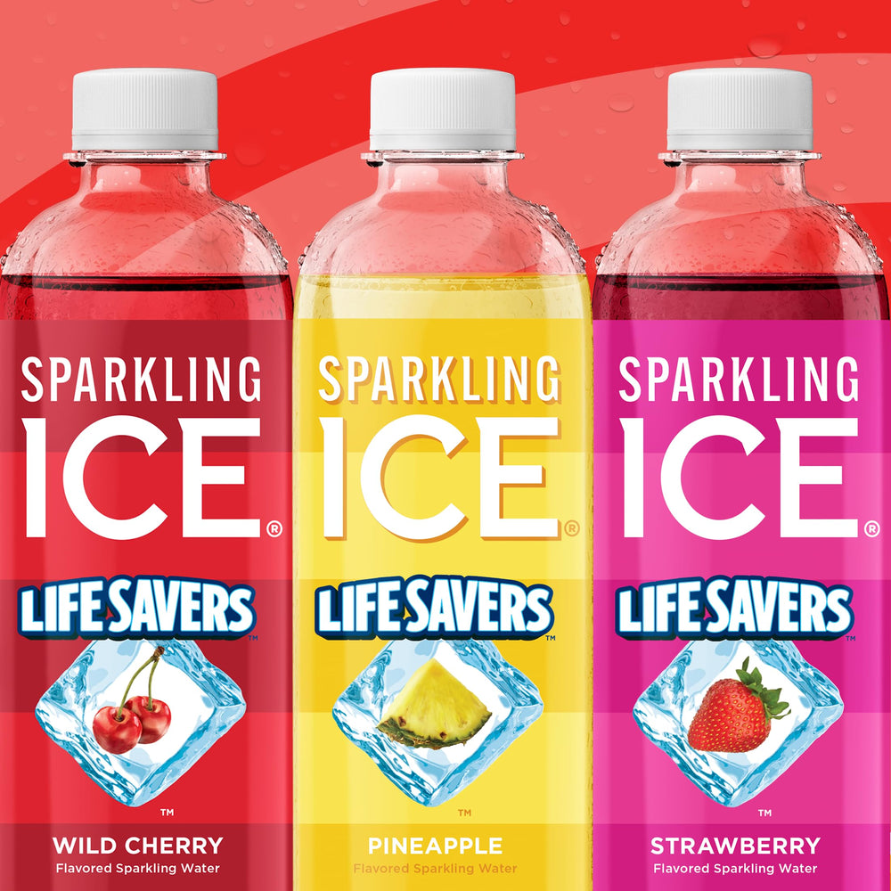 Sparkling Ice LIFESAVERS botella junto a una mano para comparar tamaño