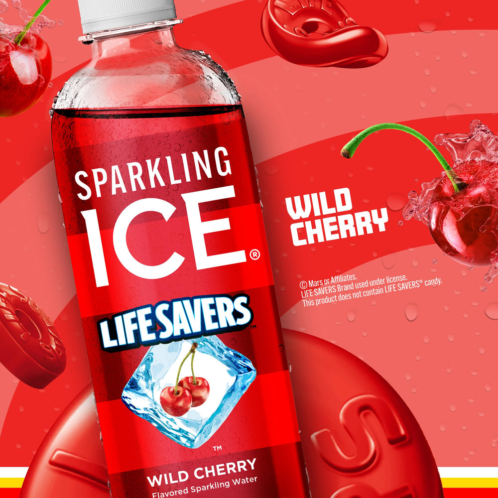 Sparkling Ice LIFESAVERS etiqueta nutricional destacando vitaminas y cero azúcar