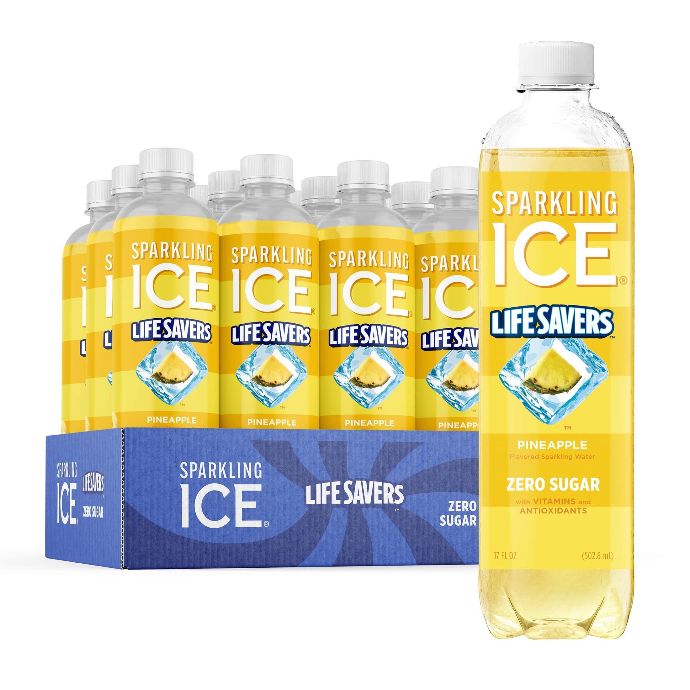 Sparkling Ice LIFESAVERS piña frente mostrando el envase y color natural