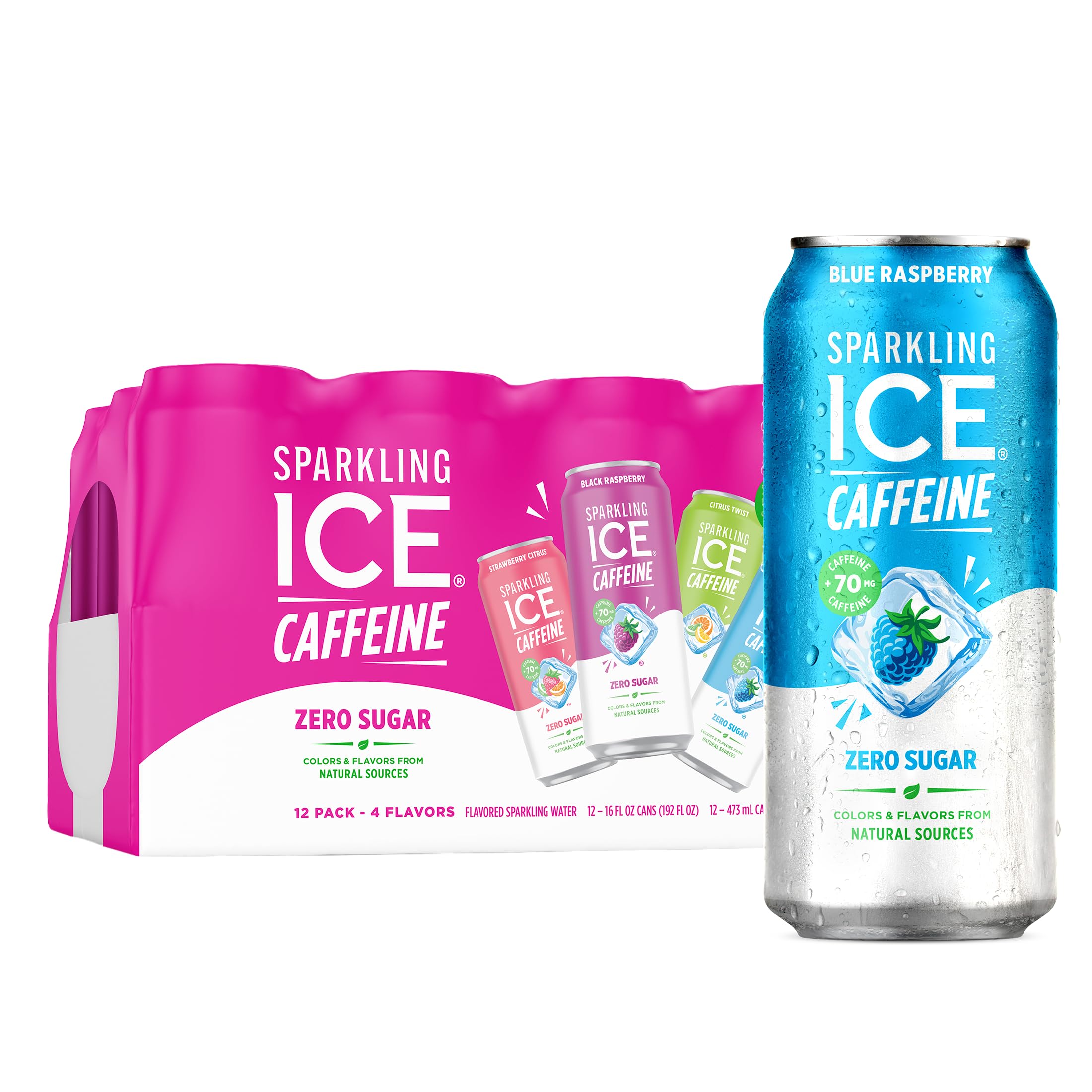 Sparkling Ice frente del paquete mostrando las doce latas y variedad