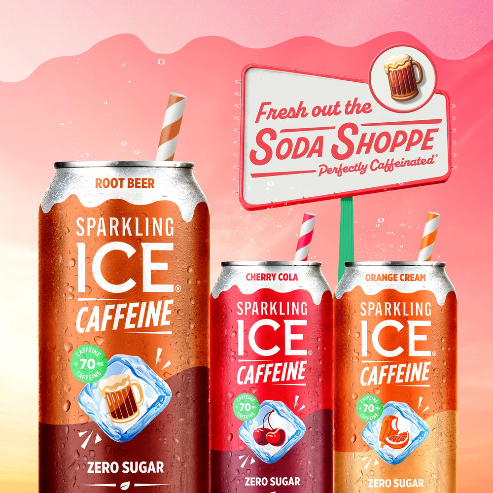 Sparkling Ice bebida servida en vaso con hielo, transmite consumo refrescante