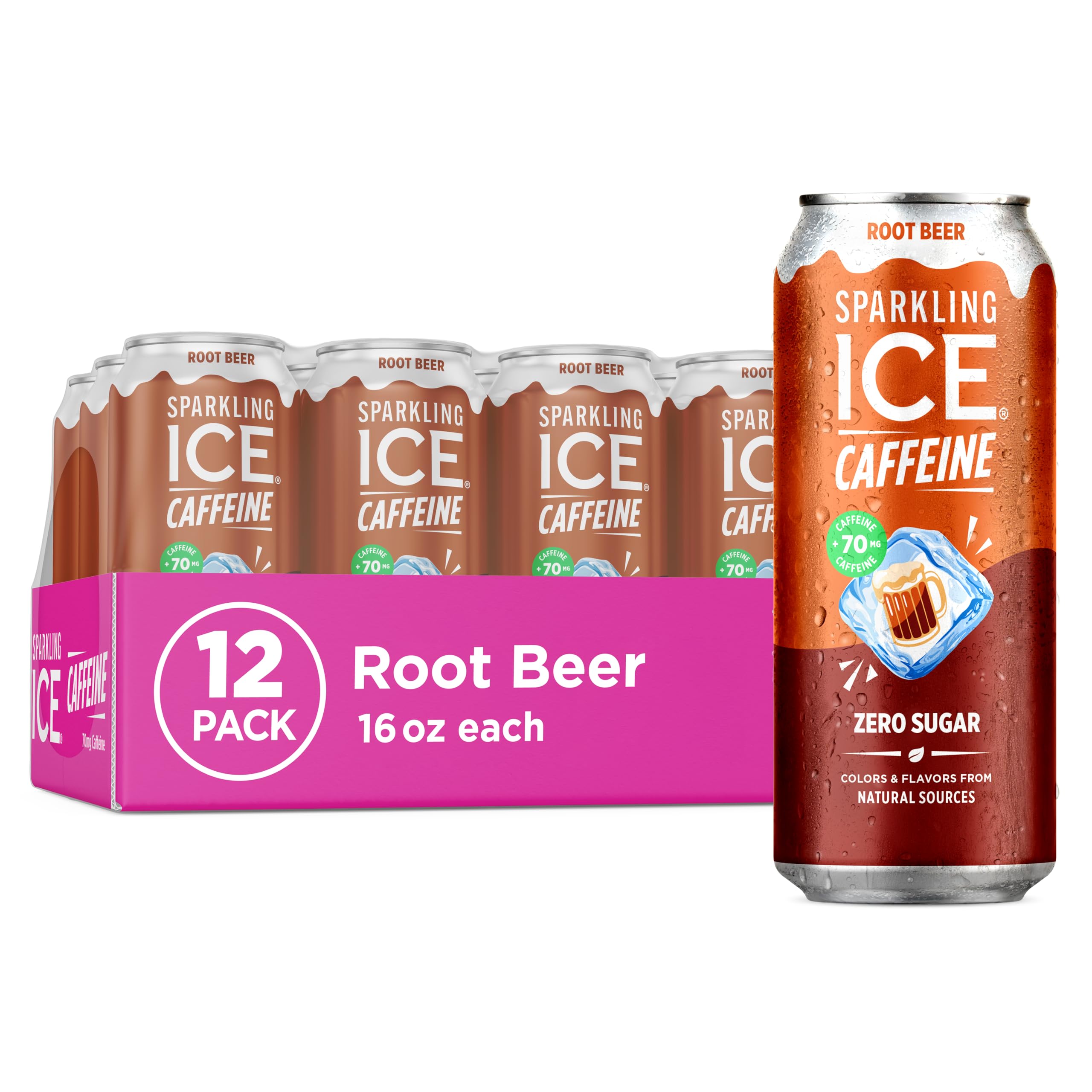 Sparkling Ice lata frontal con root beer, muestra diseño y refresco