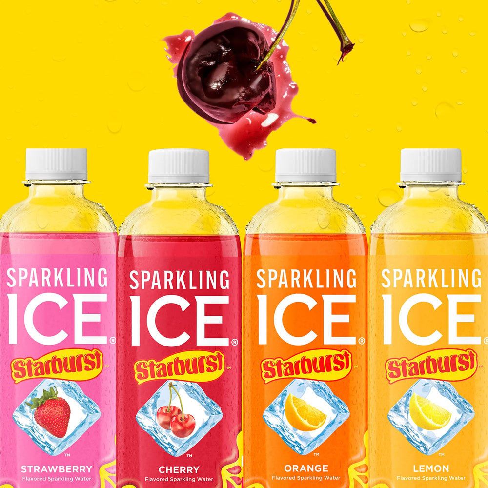 Varias botellas Sparkling Ice STARBURST Cherry en mesa de fiesta