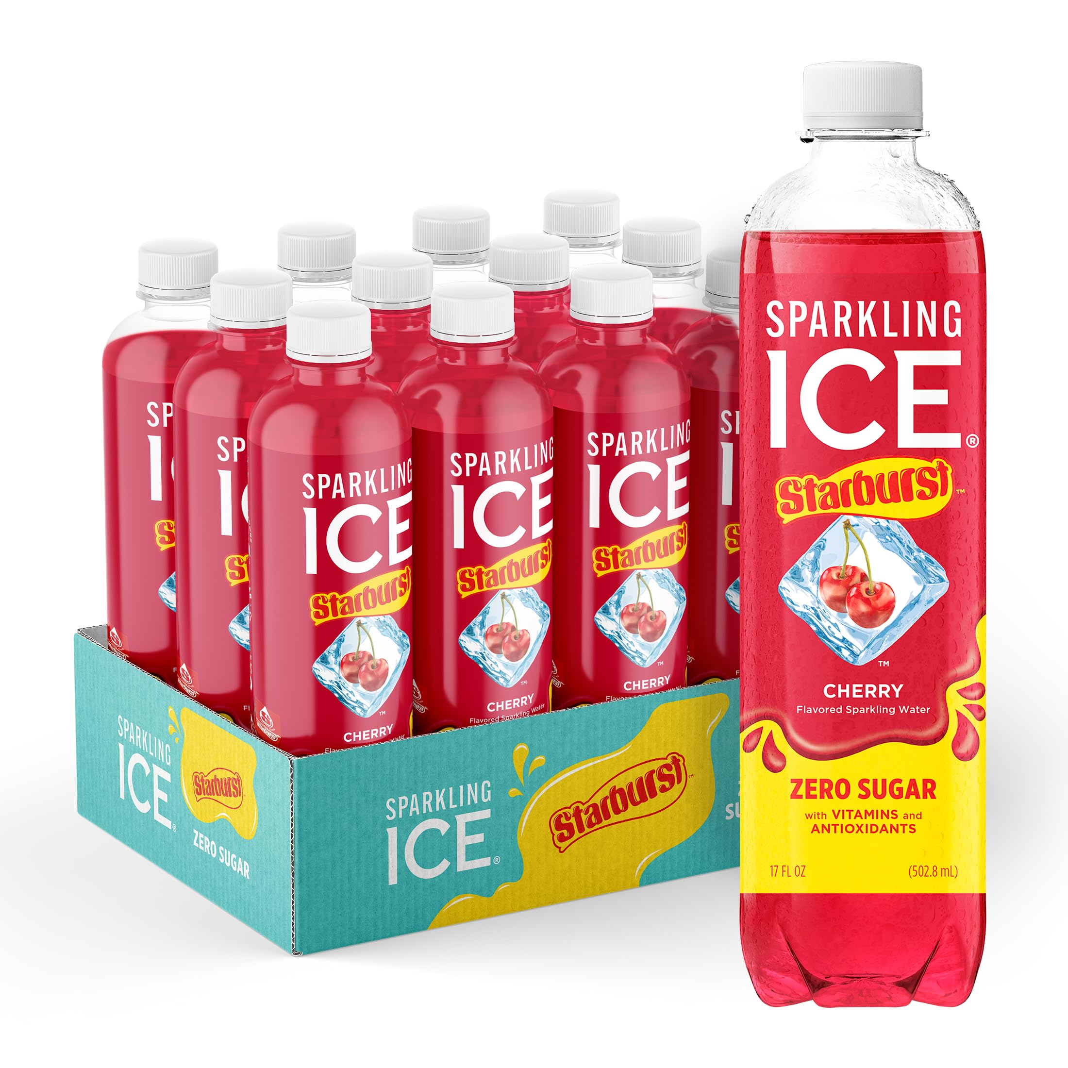 Sparkling Ice botella frontal con marca y sabor cherry refrescante