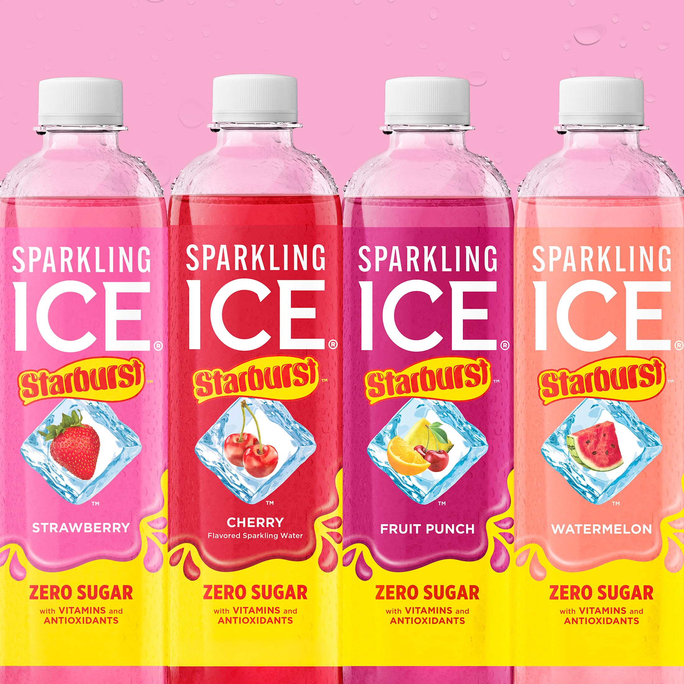 Sparkling Ice disposición de las cuatro botellas con colores vibrantes