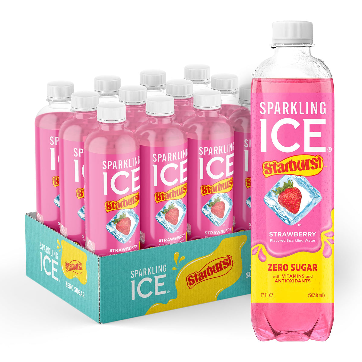 Sparkling Ice frontal de STARBURST Strawberry mostrando etiqueta y color refrescante