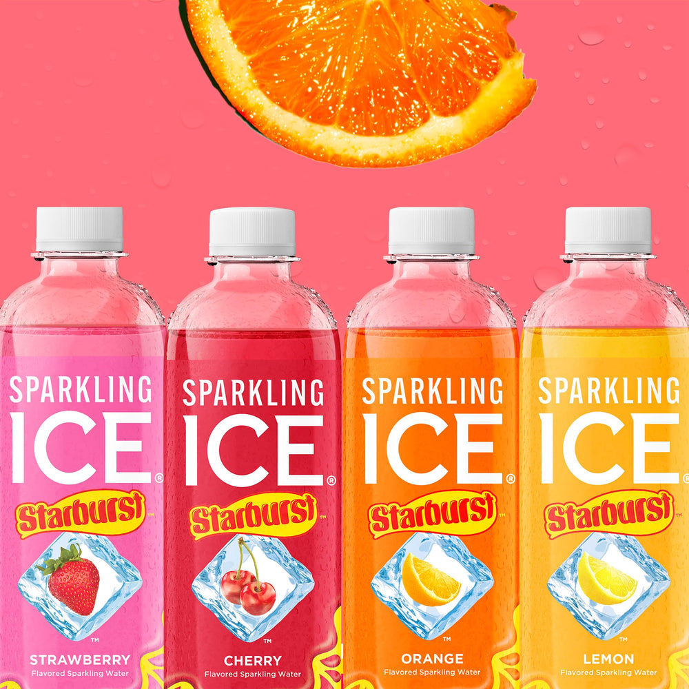 Sparkling Ice STARBURST en mesa de fiesta ofreciendo alternativa baja calorías y sabrosa