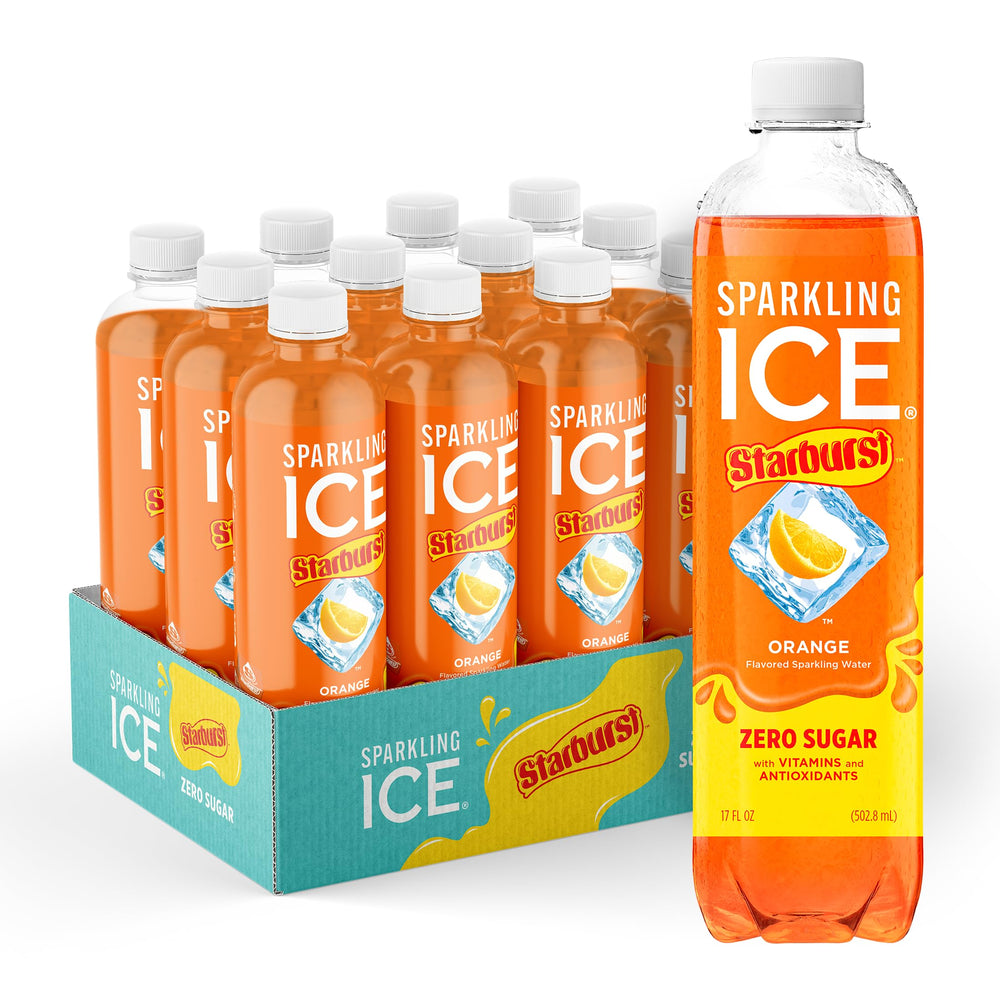 Sparkling Ice STARBURST vista frontal mostrando botella y color naranja vibrante