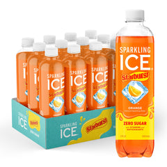Sparkling Ice STARBURST vista frontal mostrando botella y color naranja vibrante