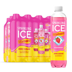 Sparkling Ice botella frontal del pack STARBURST mostrando diseño y sabores